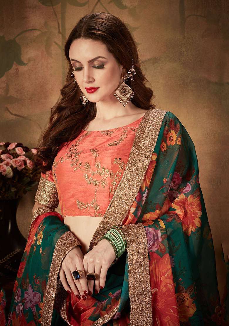 Green Digital Print Organza Lehenga Set - Indya