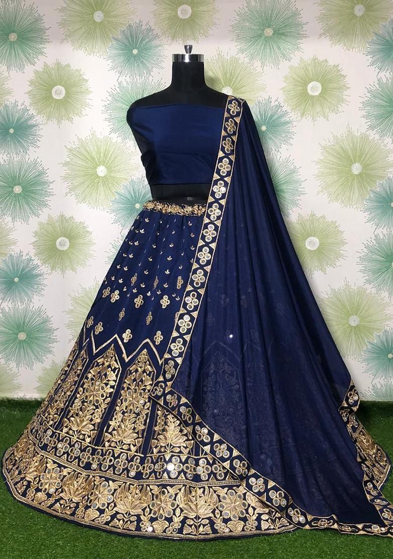 Navy Blue Embroidered Taffeta Silk Lehenga Set