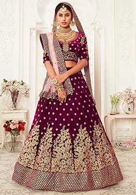 Purple Zari Embroidered Velvet Lehenga Set