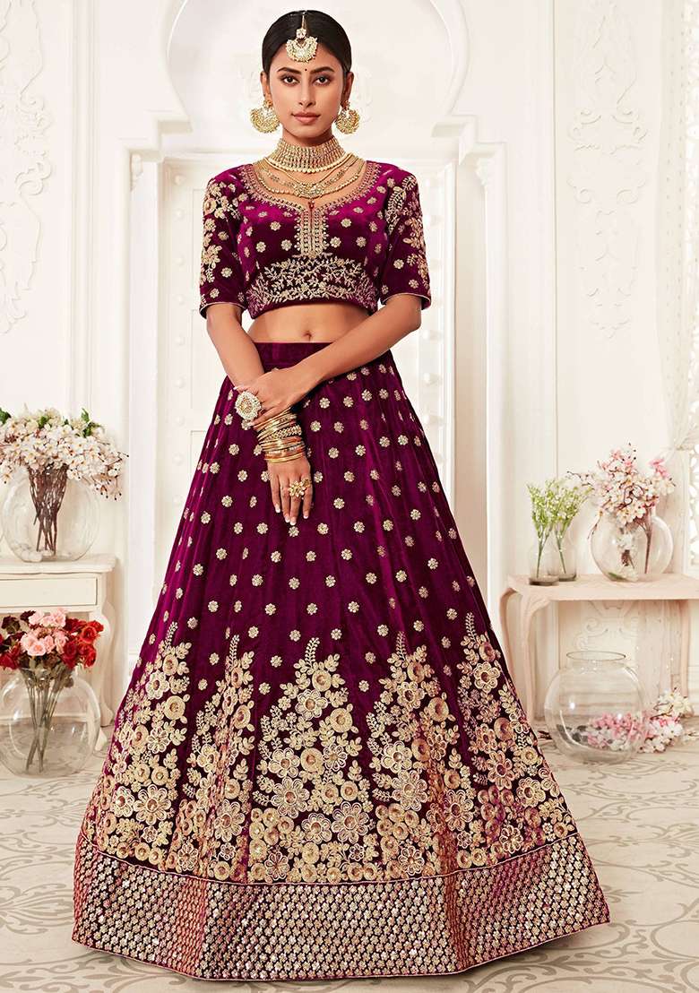 Purple Zari Embroidered Velvet Lehenga Set - Indya
