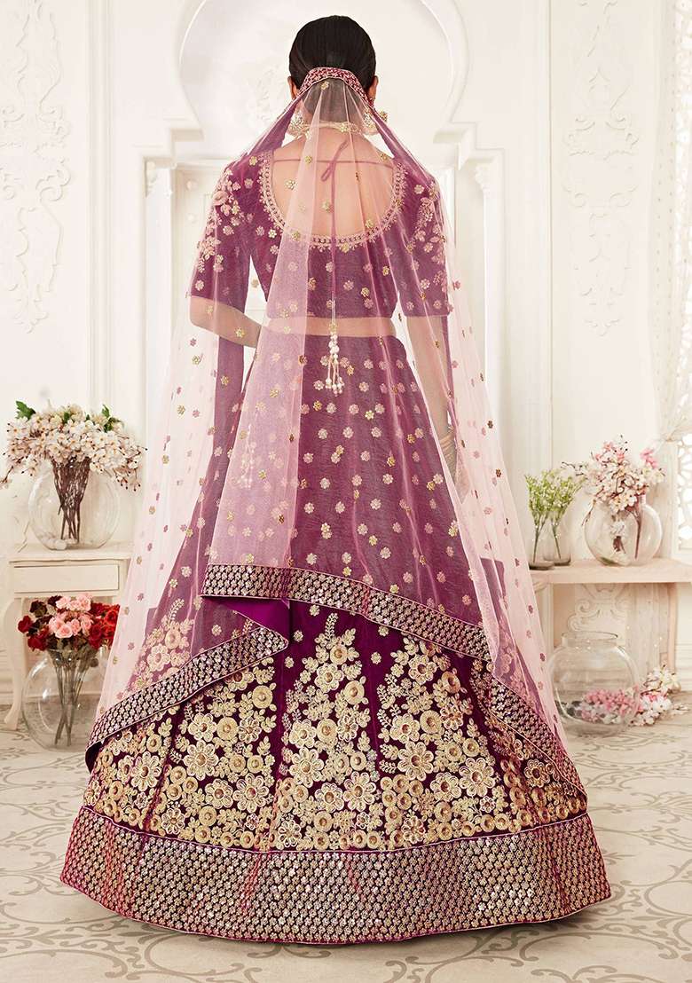 Purple Zari Embroidered Velvet Lehenga Set - Indya