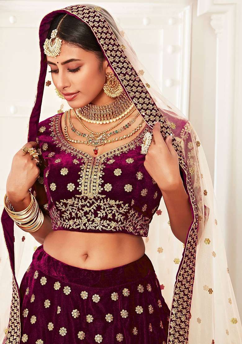 Purple Zari Embroidered Velvet Lehenga Set - Indya