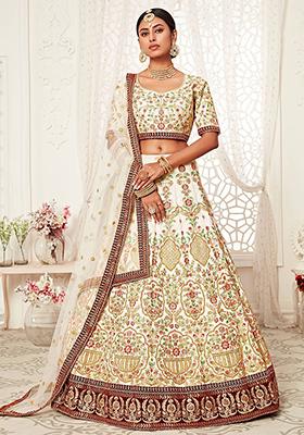 Off White Embroidered Art Silk Lehenga Set