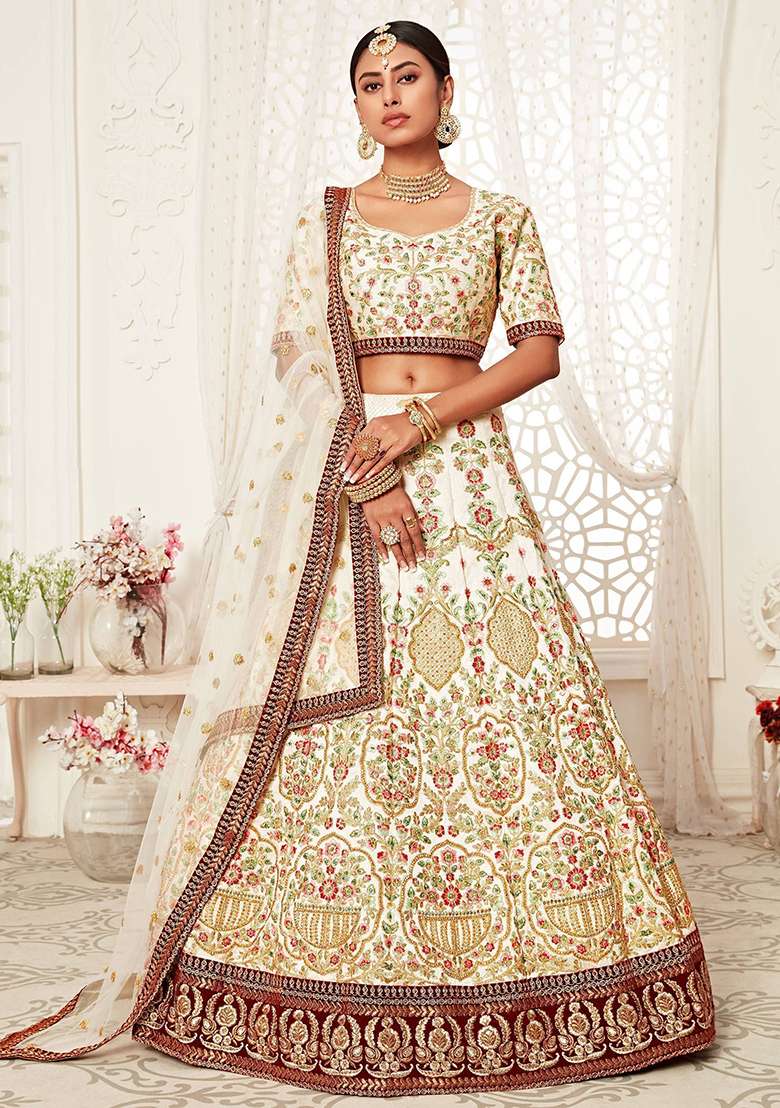Off White Embroidered Art Silk Lehenga Set - Indya