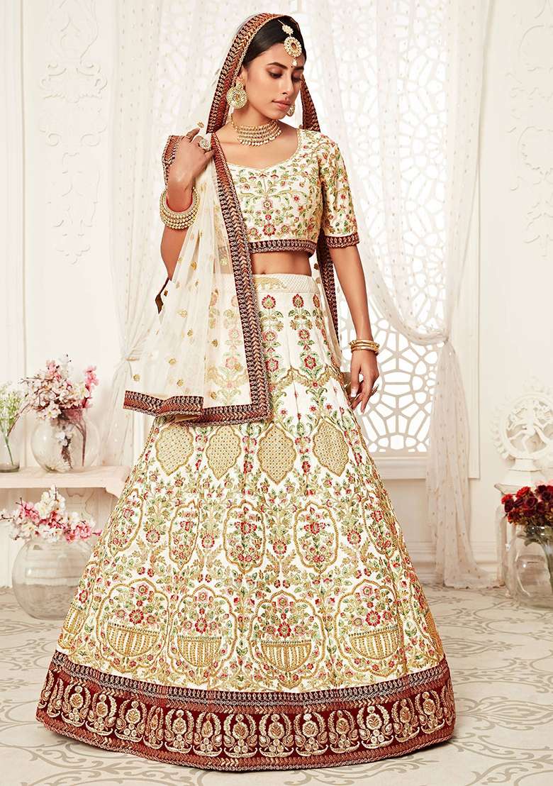 Off White Embroidered Art Silk Lehenga Set - Indya