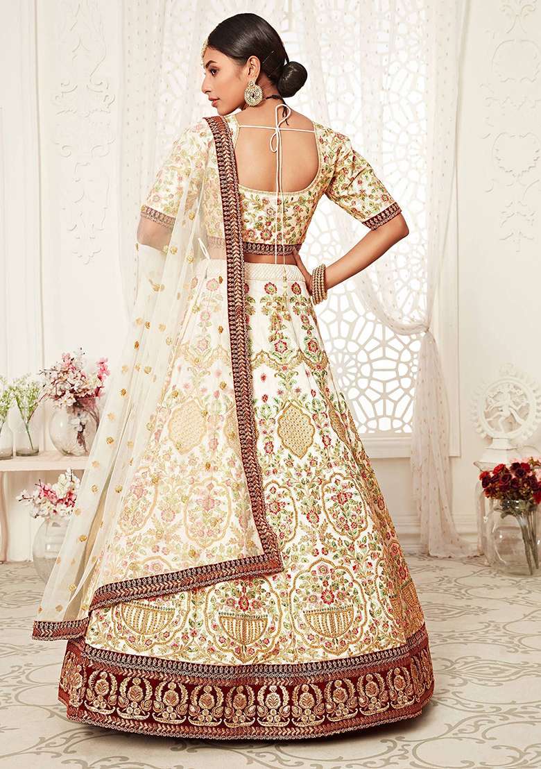 Off White Embroidered Art Silk Lehenga Set - Indya