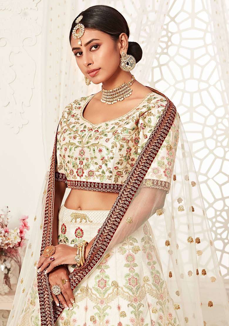 Off White Embroidered Art Silk Lehenga Set - Indya