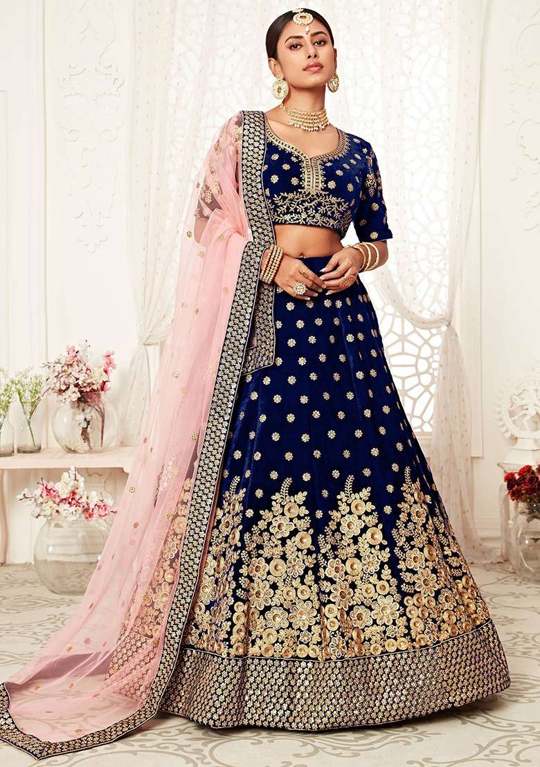 Navy Blue Embroidered Velvet Lehenga Set - Indya