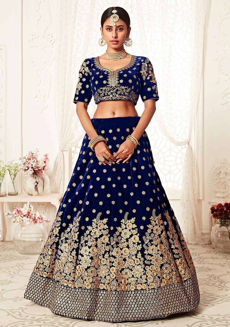 Navy Blue Embroidered Velvet Lehenga Set - Indya