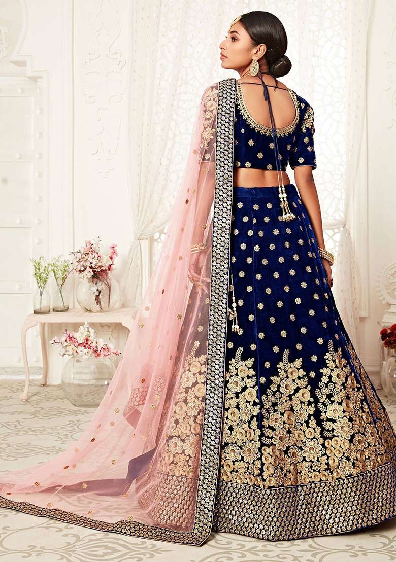Navy Blue Embroidered Velvet Lehenga Set - Indya