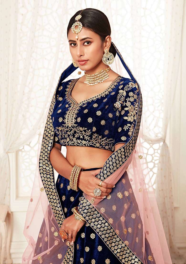 Navy Blue Embroidered Velvet Lehenga Set - Indya