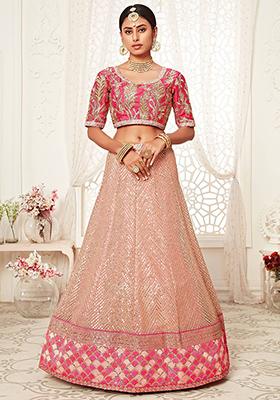 Pink Zari Embroidered Net Lehenga Set