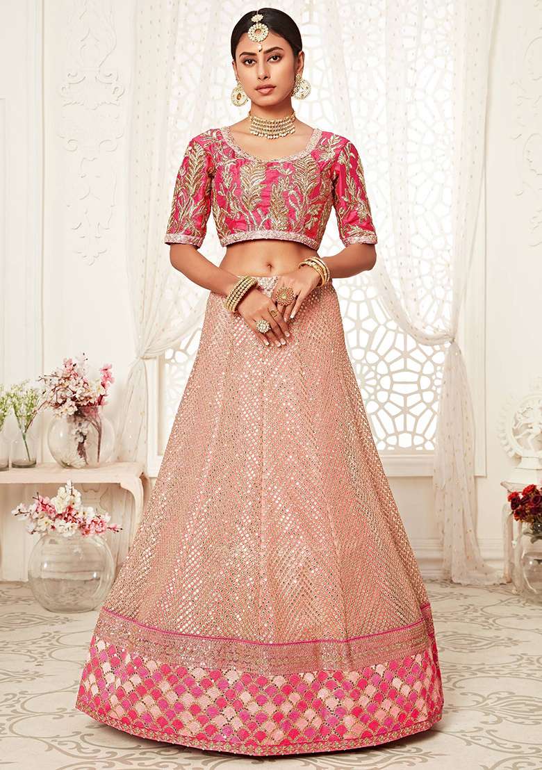 Pink Zari Embroidered Net Lehenga Set - Indya