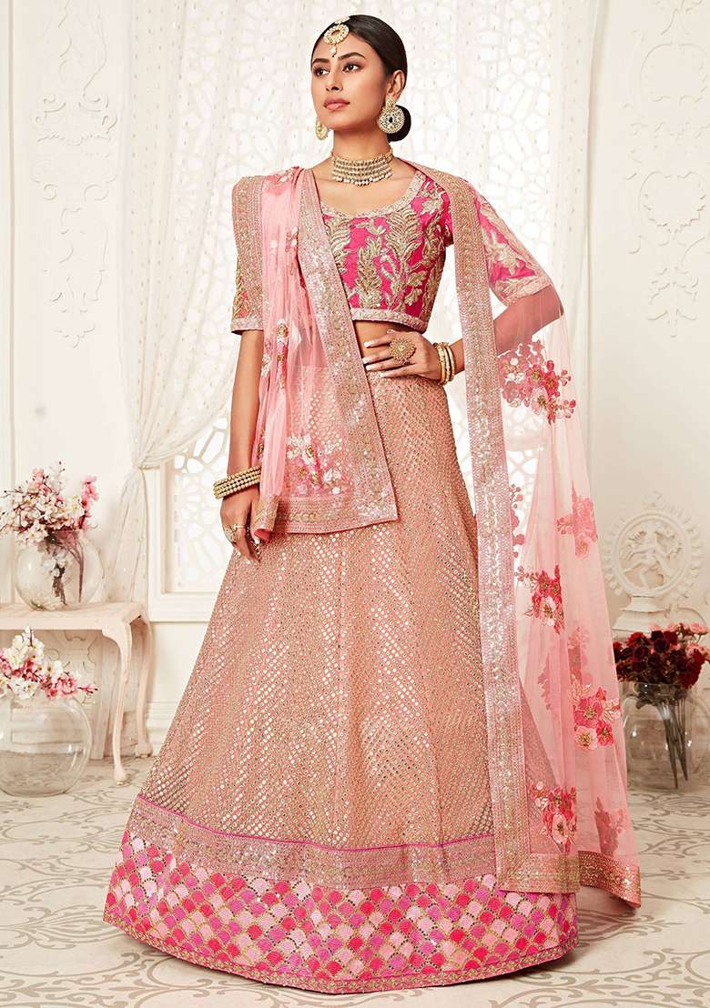 Pink Zari Embroidered Net Lehenga Set - Indya