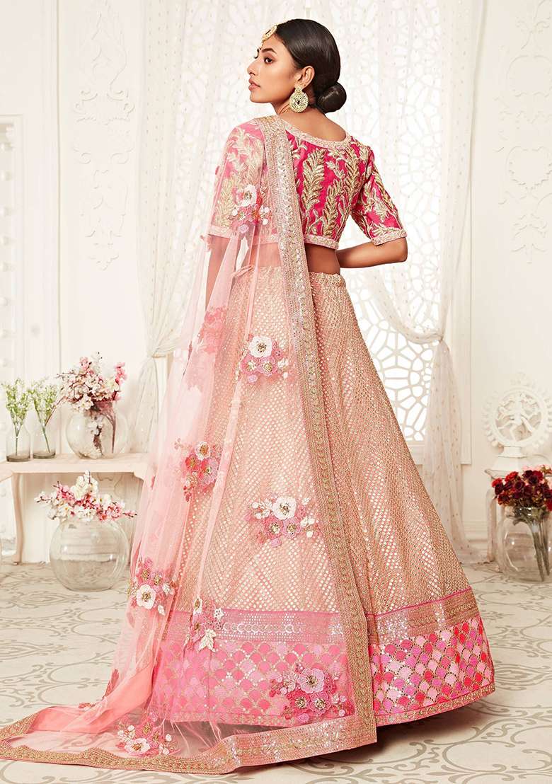 Pink Zari Embroidered Net Lehenga Set - Indya