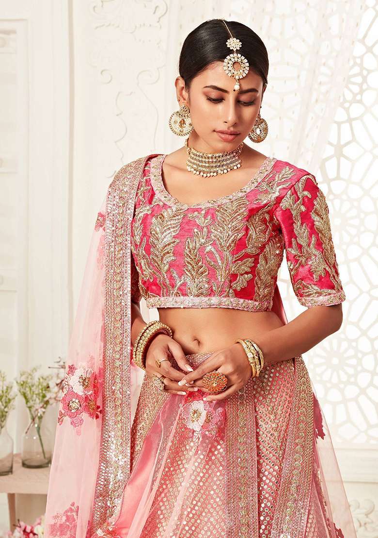 Pink Zari Embroidered Net Lehenga Set - Indya