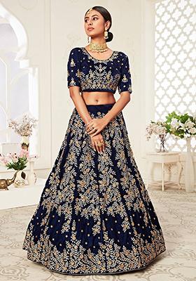Navy Blue Embroidered Velvet Lehenga Set