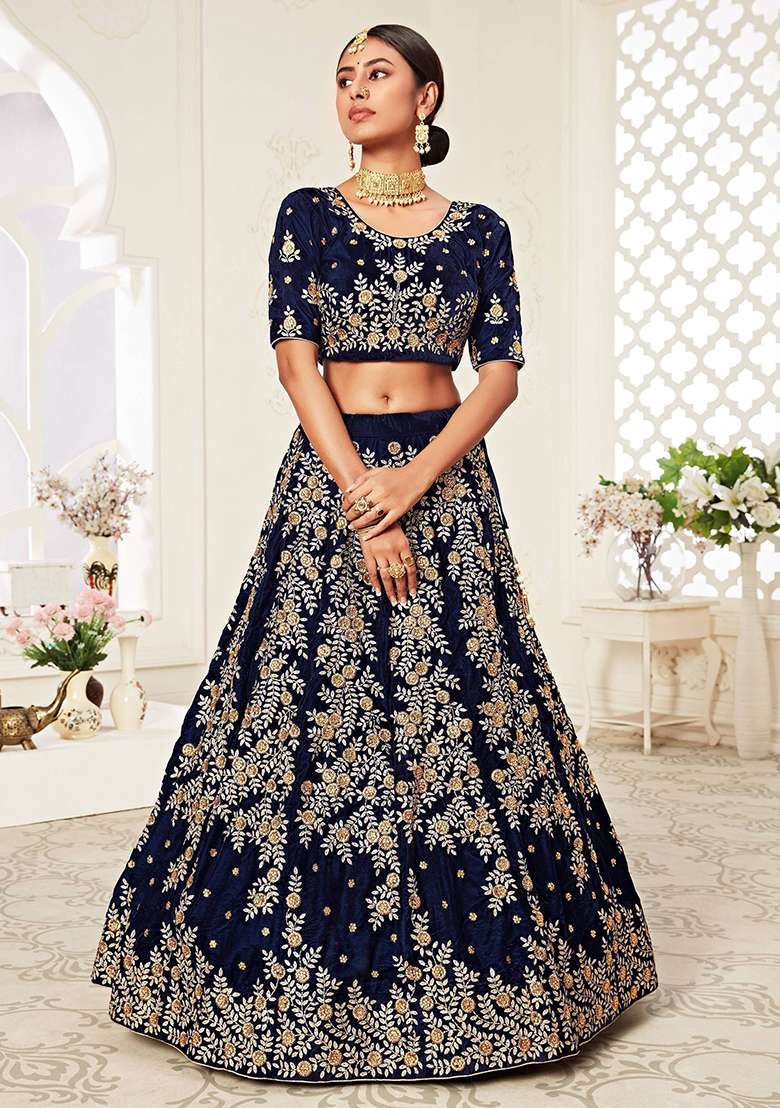 Navy Blue Embroidered Velvet Lehenga Set - Indya