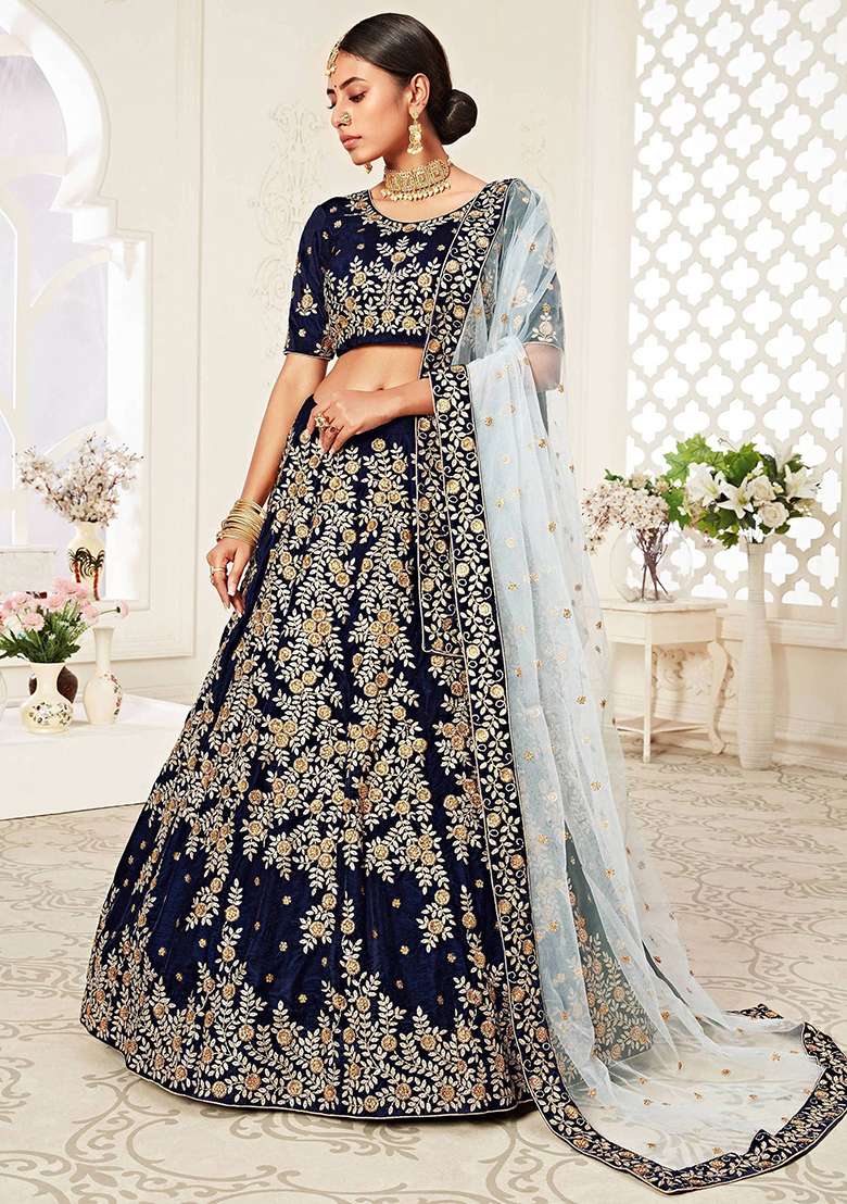 Navy Blue Embroidered Velvet Lehenga Set - Indya