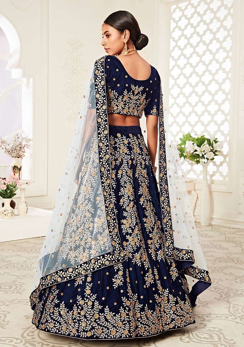 Navy Blue Embroidered Velvet Lehenga Set - Indya