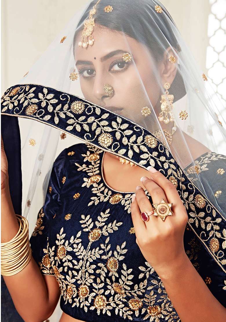 Navy Blue Embroidered Velvet Lehenga Set - Indya