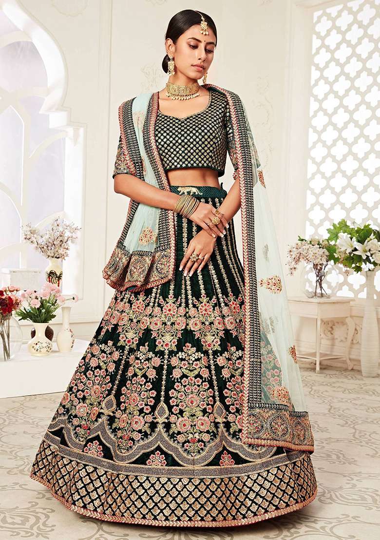 Green Embroidered Velvet Lehenga Set - Indya