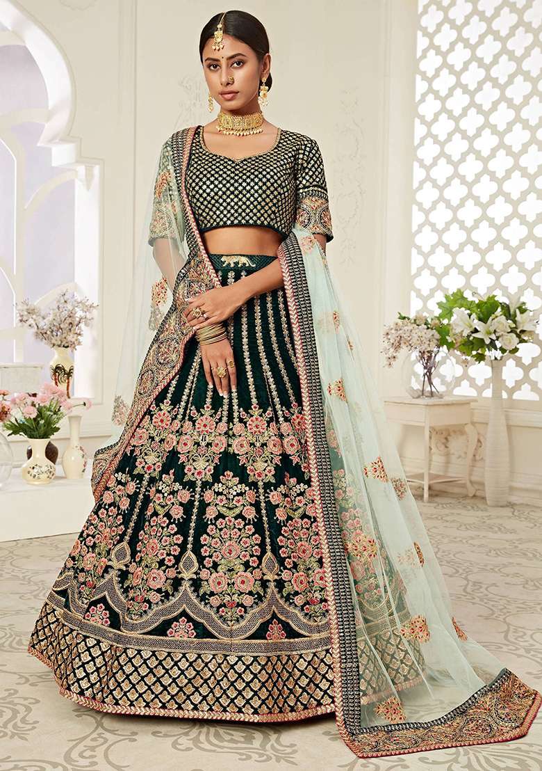 Green Embroidered Velvet Lehenga Set - Indya