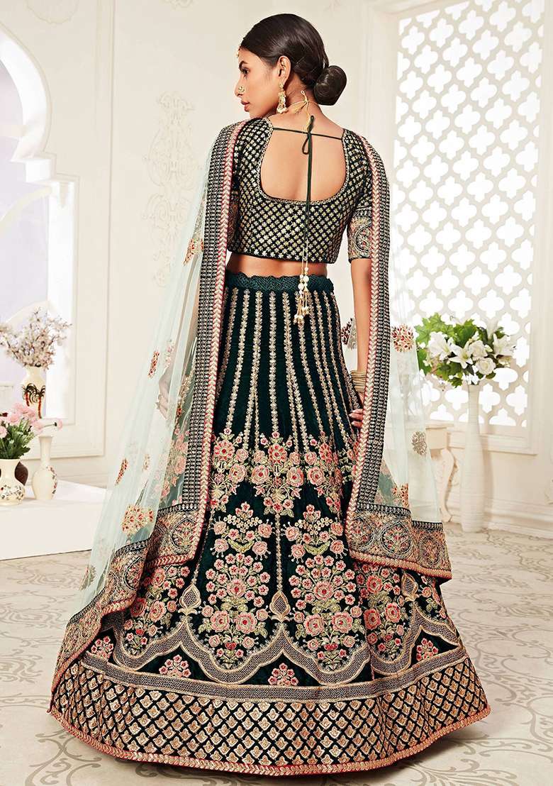 Green Embroidered Velvet Lehenga Set - Indya