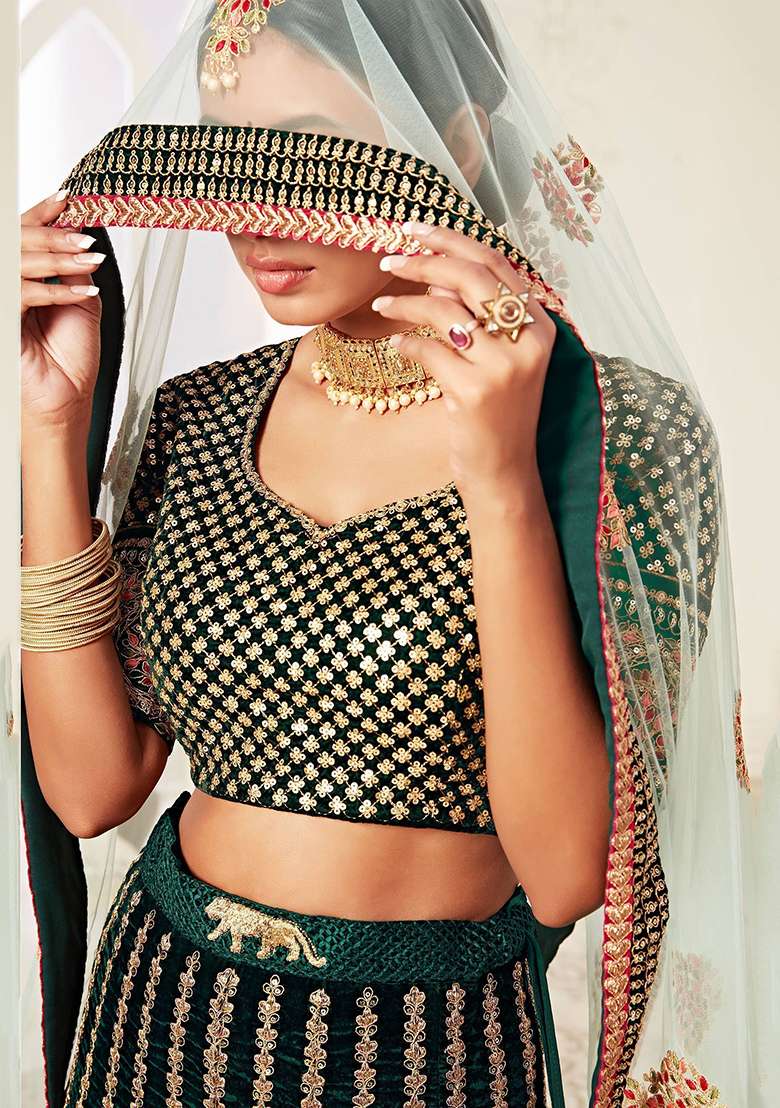 Green Embroidered Velvet Lehenga Set - Indya