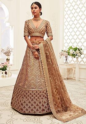 Brown Embroidered Slub Silk Lehenga Set