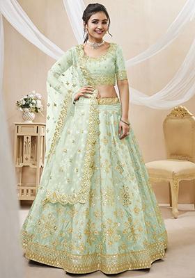 Pista Green Mirror Work Mulberry Silk Lehenga Set