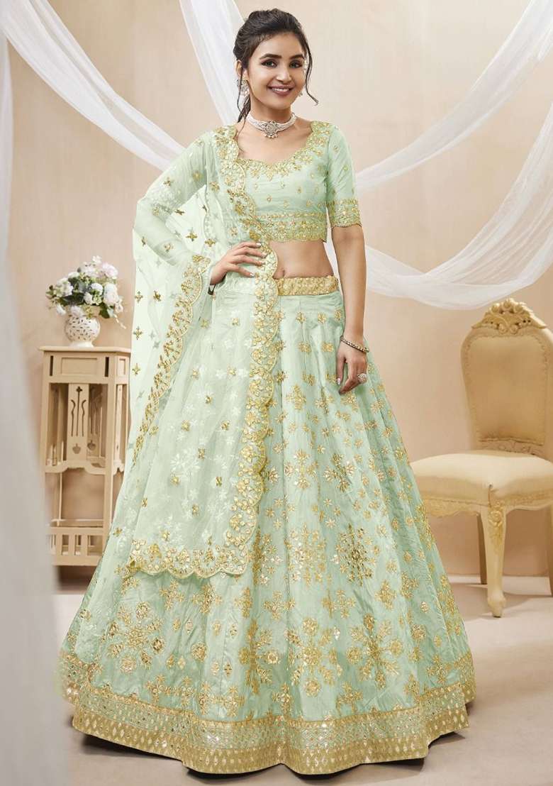 Pista Green Mirror Work Mulberry Silk Lehenga Set - Indya