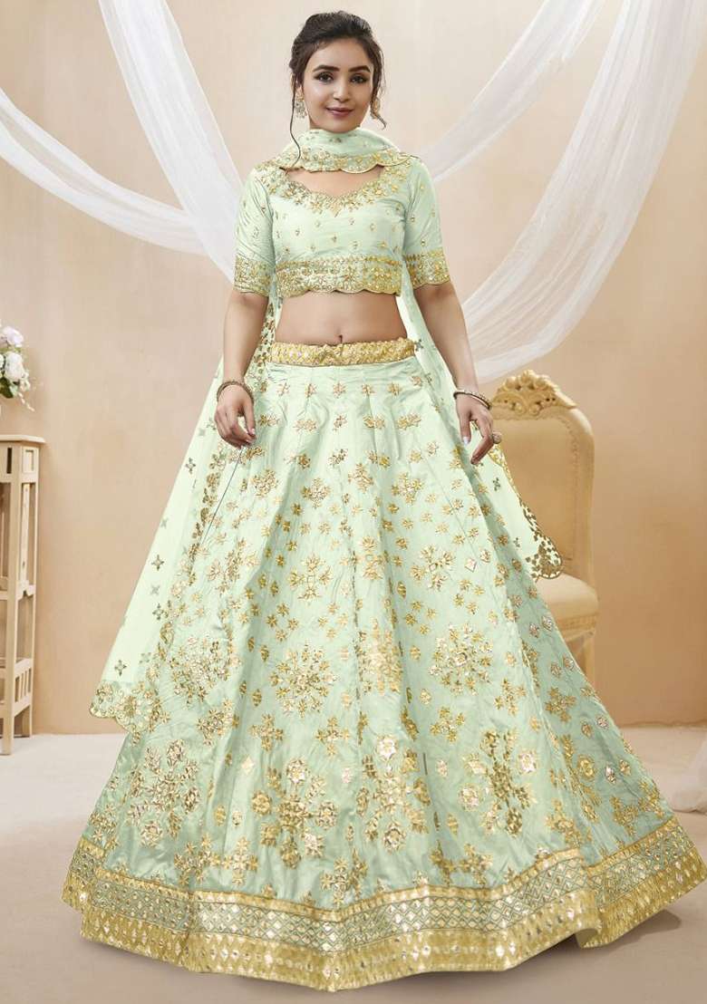 Pista Green Mirror Work Mulberry Silk Lehenga Set - Indya