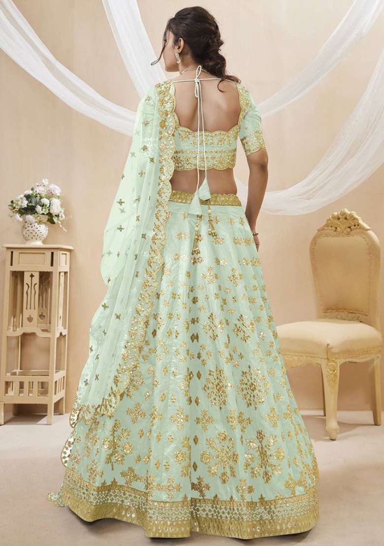 Pista Green Mirror Work Mulberry Silk Lehenga Set - Indya