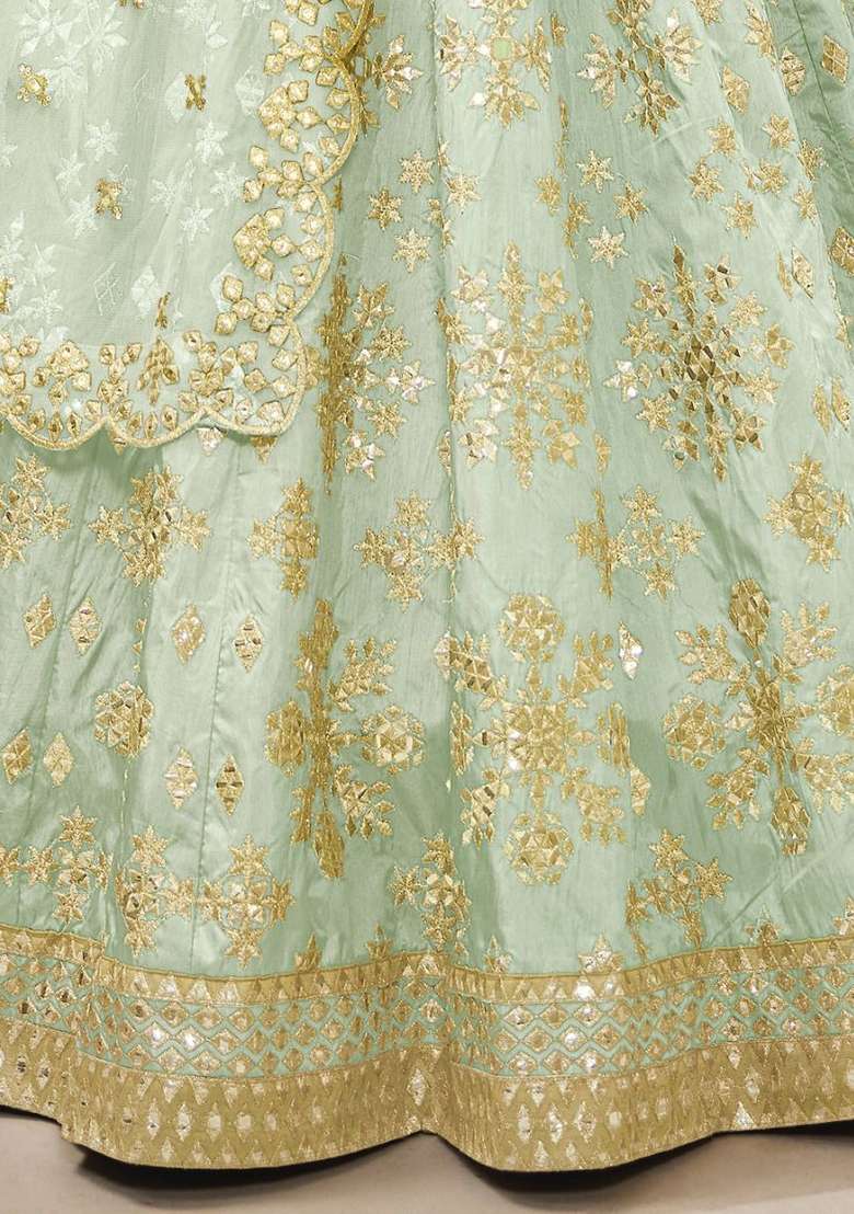 Pista Green Mirror Work Mulberry Silk Lehenga Set - Indya