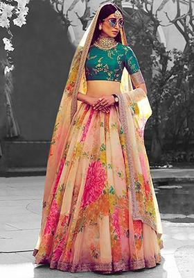 Off White Digital Print Organza Lehenga Set