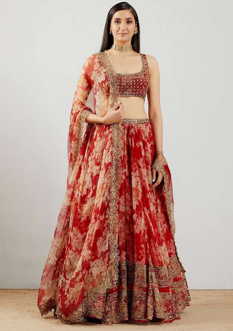 Red Floral Print Organza Lehenga Set - Indya