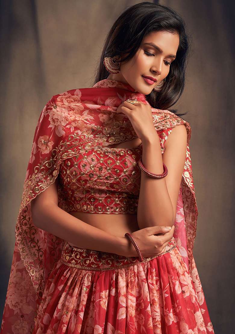 Red Floral Print Organza Lehenga Set - Indya