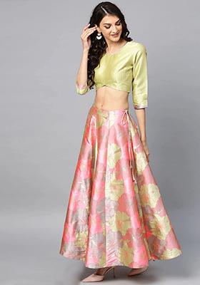 Olive Green Floral Print Jacquard Lehenga Set