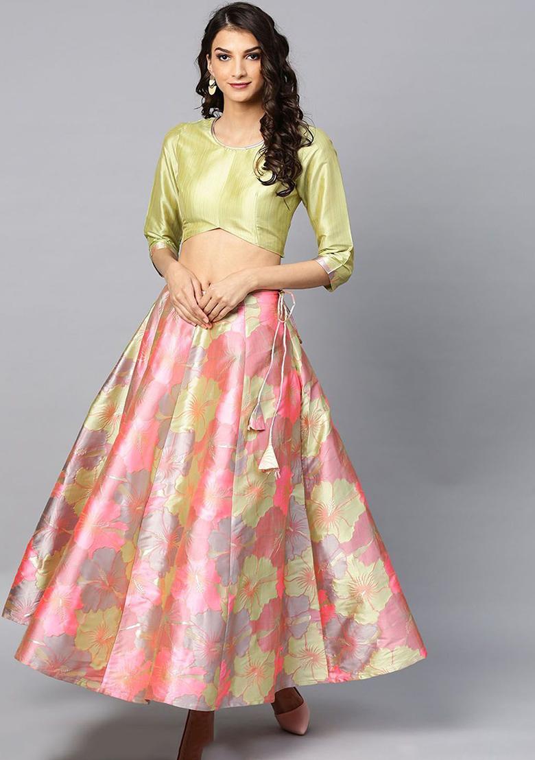 Olive Green Floral Print Jacquard Lehenga Set