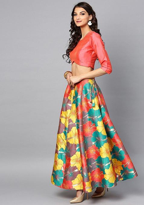 Multicolor Floral Print Jacquard Lehenga Set — view on Indya