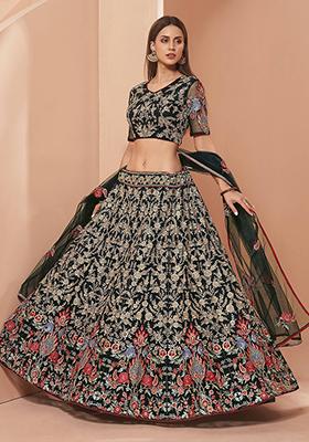 Green Zari Embroidered Net Lehenga Set