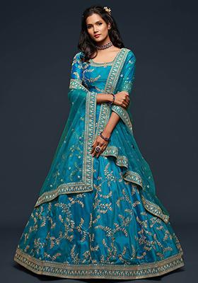Teal Blue Embroidered Art Silk Lehenga Set