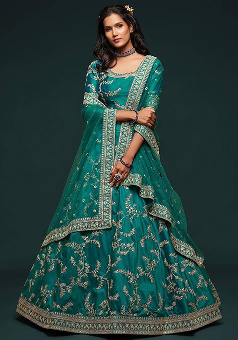 Green Embroidered Art Silk Lehenga Set