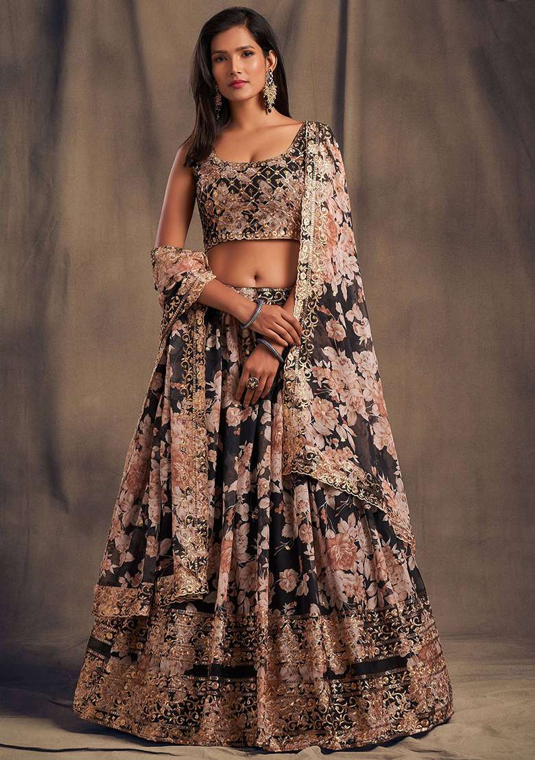 Black Embroidered Organza Lehenga Set - Indya