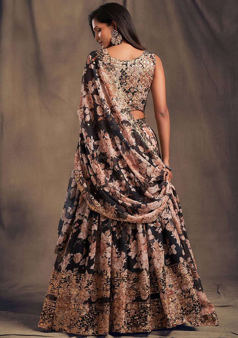 Black Embroidered Organza Lehenga Set - Indya