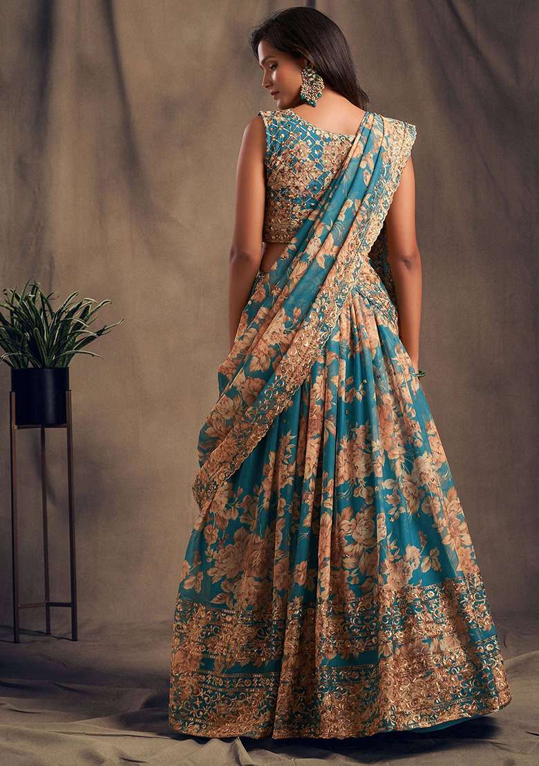 Teal Blue Embroidered Organza Lehenga Set - Indya