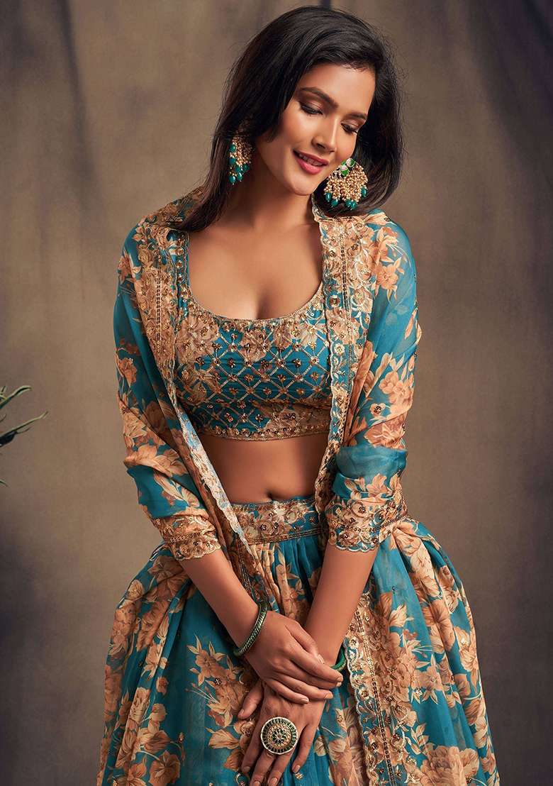 Teal Blue Embroidered Organza Lehenga Set - Indya