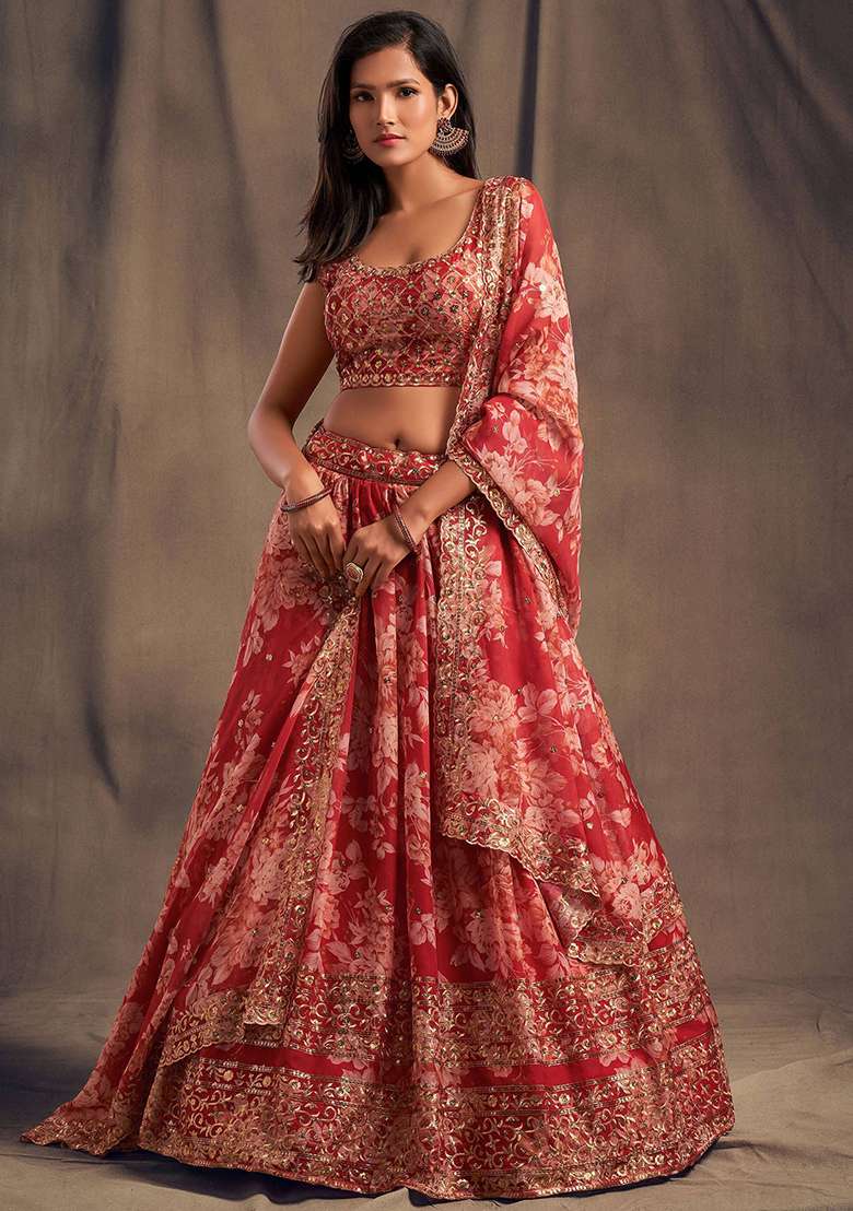 Red Embroidered Organza Lehenga Set - Indya