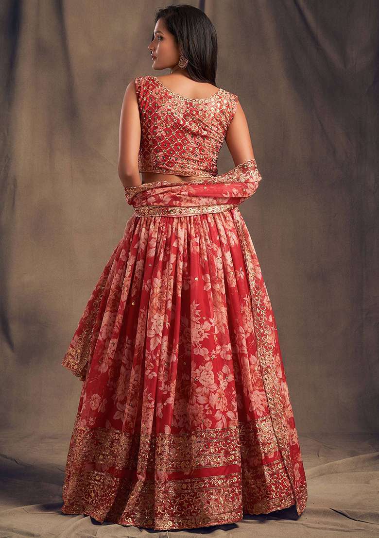 Red Embroidered Organza Lehenga Set - Indya